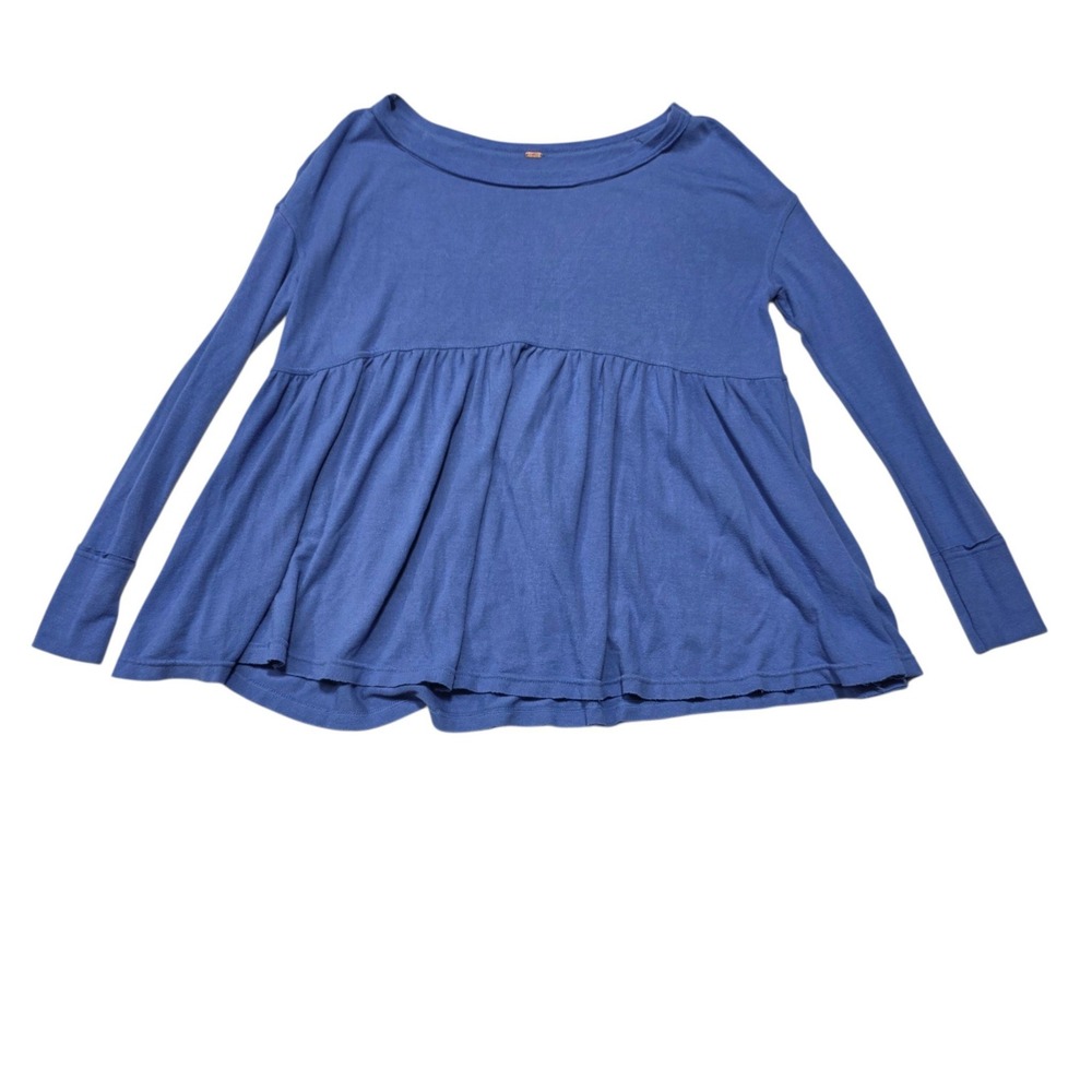 Free People Babydoll Top Women XS Blue Long Sleeve Peplum Knit Scoop Neck
